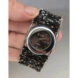 Trend Quartz Metallic Beaded Adjustable Cuff Watch Silvertone Jewelry